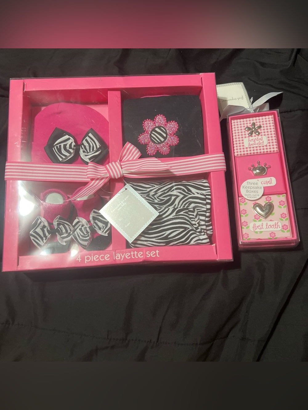 Pink Zebra 4-Piece Baby Layette Set and 3 Keepsake boxes